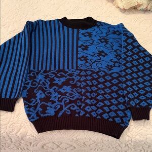 VINTAGE FORTUNE KNITS:  Elegant Blue and Black Women's Crewneck  Sweater